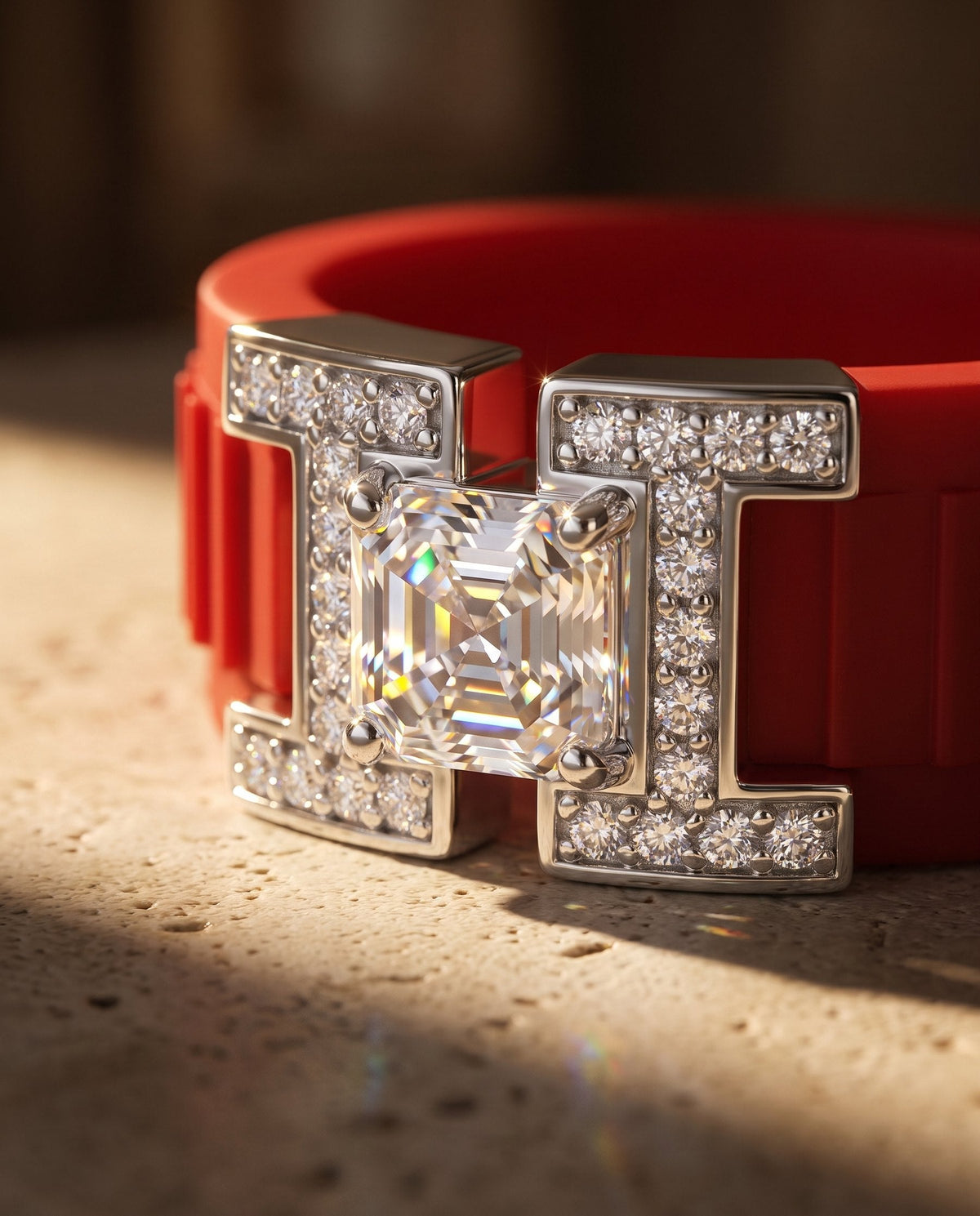 Close-up of the Asscher-cut moissanite set in the sterling silver H of the PANTHEON ring
