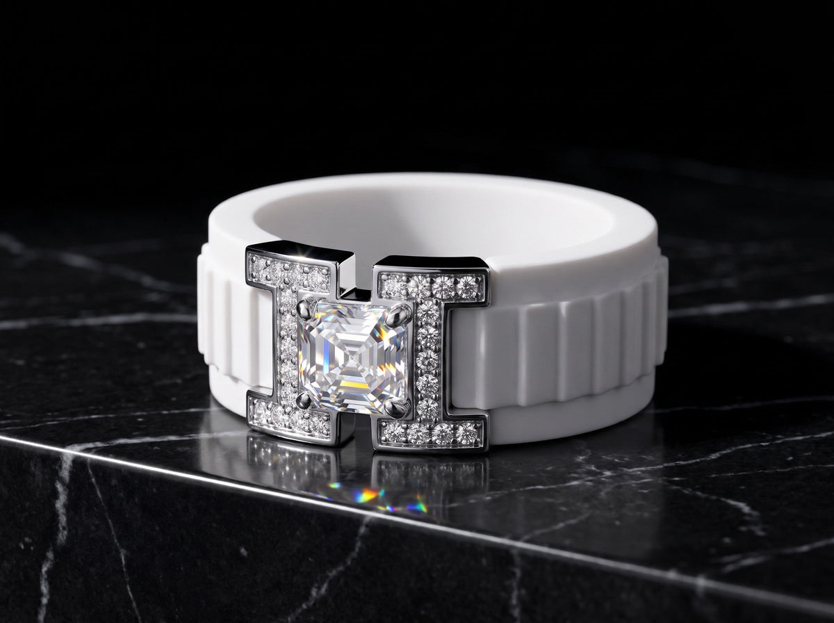 Moissanite, sterling silver and silicone, close-up