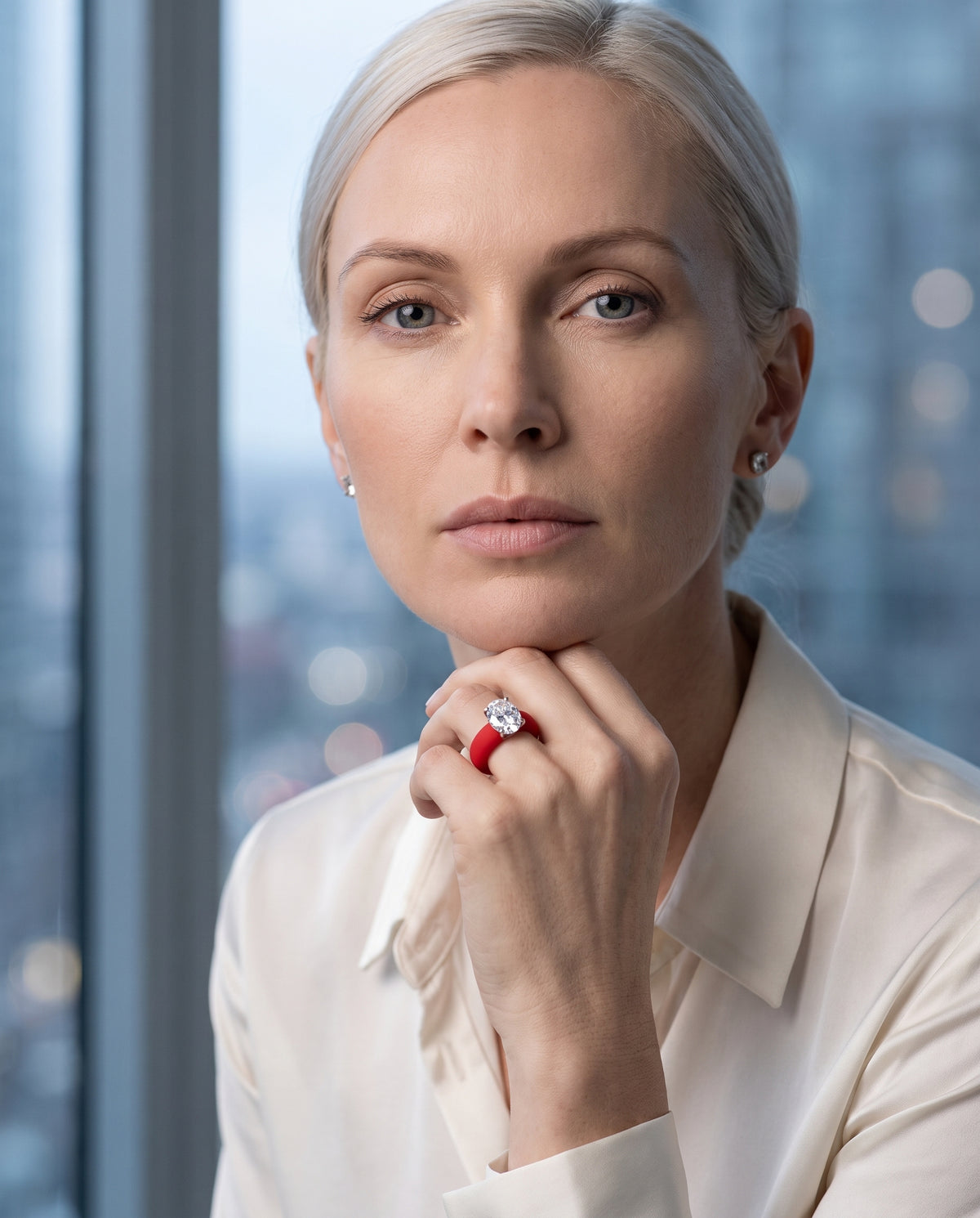 SABINA Flex Ring in Pompeii Red, worn by a woman, evening look